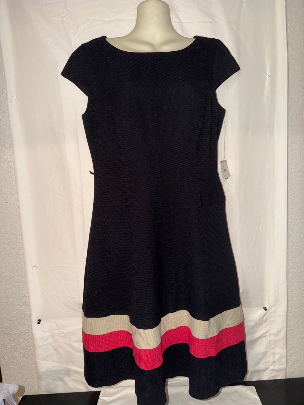 Anne Klein Black Dress with Cream and Pink Stripe Hem